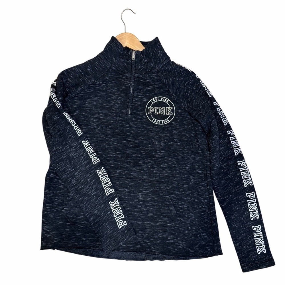 Victoria’s Secret PINK Women’s XS Heathered Black Half Zip Logo Sleeve Pullover